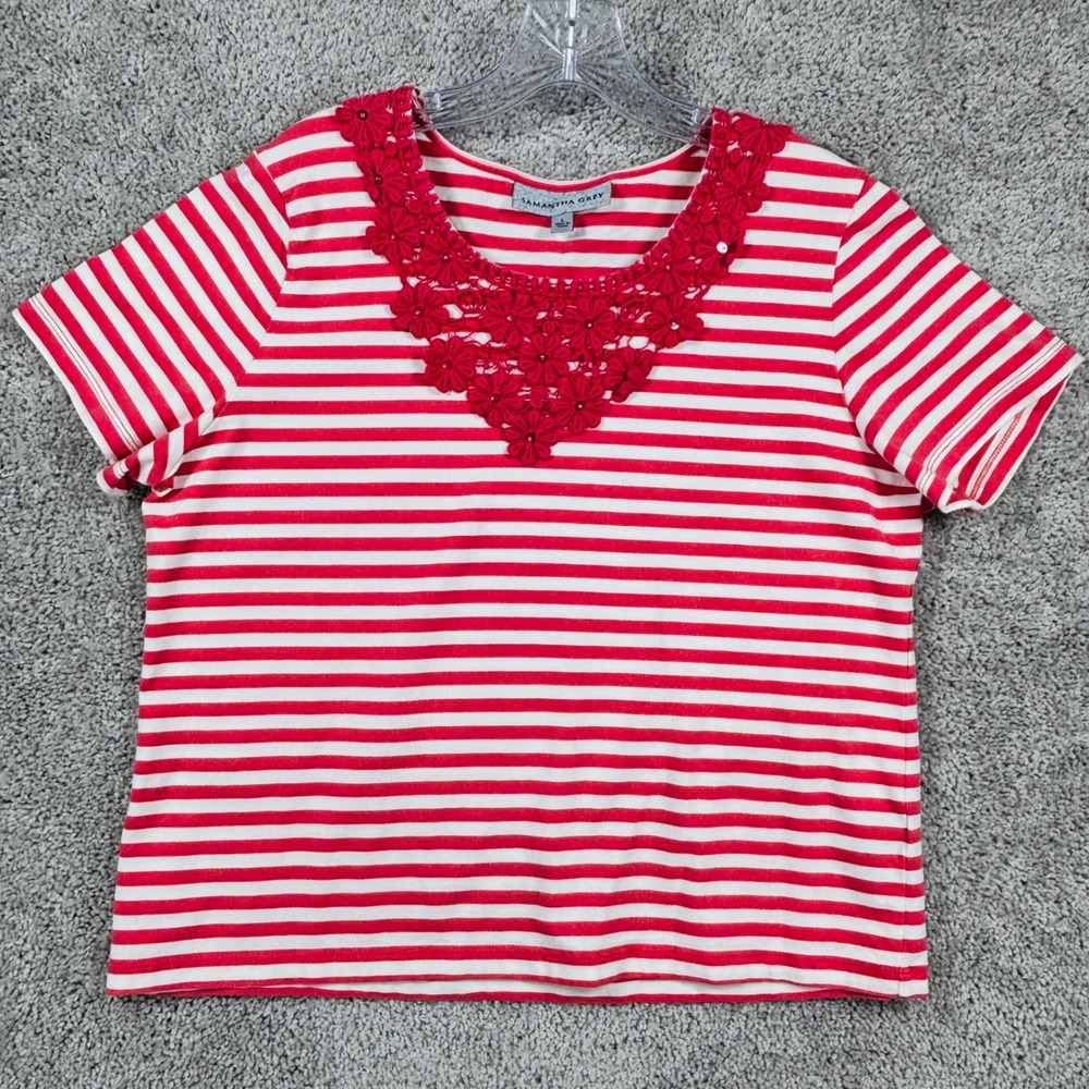 Samantha Grey Red White Striped Floral Crochet Lace Sequin T-Shirt Womens‎ Large